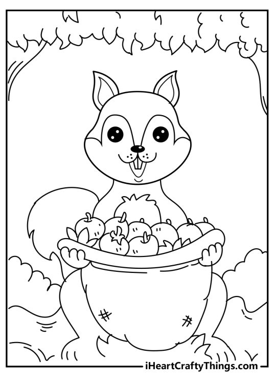 Detailed coloring ppicture featuring cheerful squirrel holding a basket of apples surrounded by greenery
