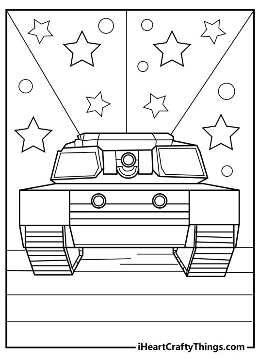 Coloring page featuring a futuristic tank with a large cannon on top and stars with rays of light all around it