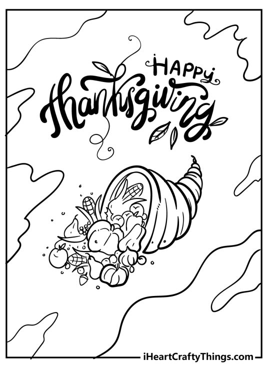 Coloring pdf of a cornucopia centerpiece and various vegetables spilling from it with 