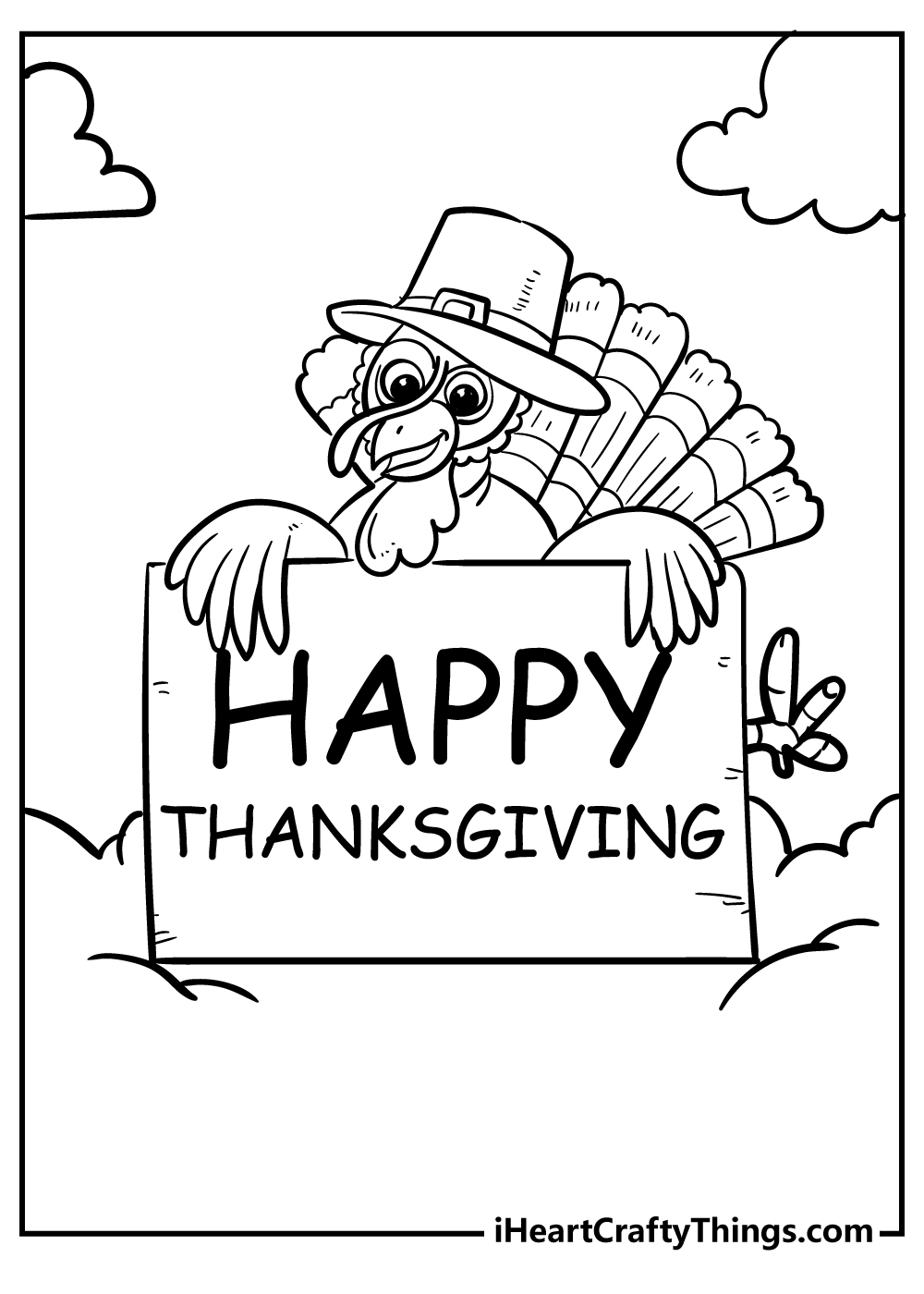 Happy turkey in a pilgrim hat surrounded by clouds holding ''Happy Thanksgiving'' poster printable coloring page