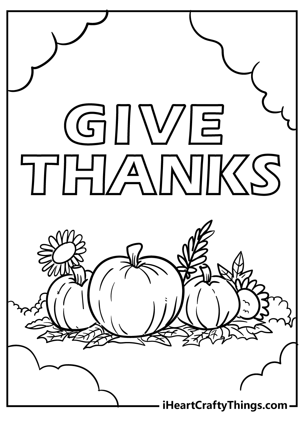 Free printable sheet with a phrase ''Give thanks'' on the top and pumpkins with greenery on the bottom of the page