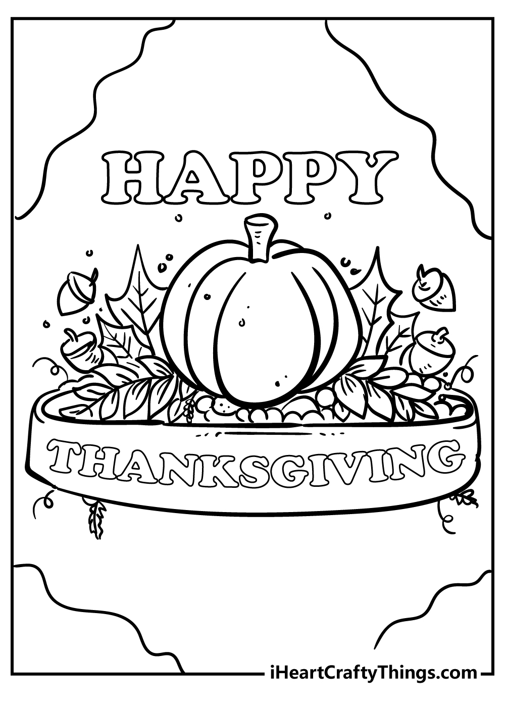 Coloring page of a phrase ''Happy Thanksgiving'' incorporated into arrangement featuring pumpkin, leaves and acorns