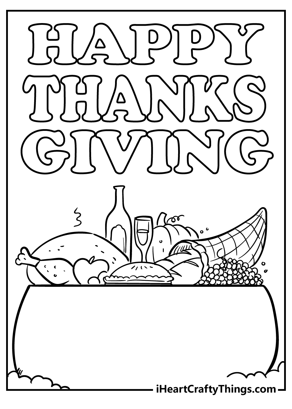 Coloring poster featuring ''Happy Thanks Giving'' phrase written over dinner table full of delicious meals