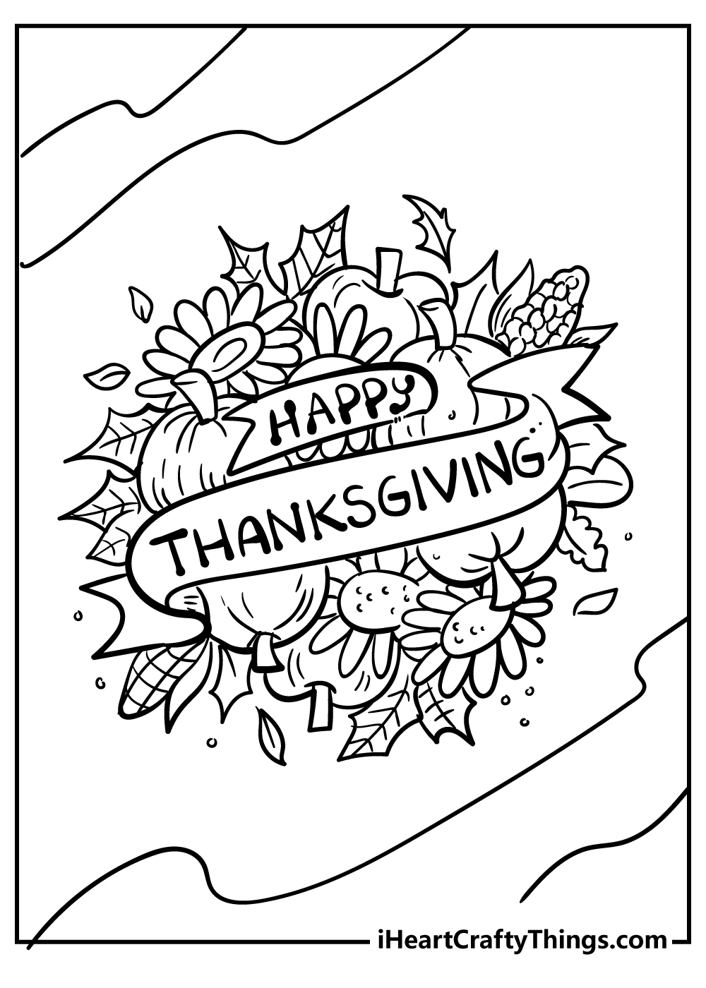 Detailed coloring picture featuring ''Happy Thanksgiving'' banner surrounded by many symbols of Thanksgiving