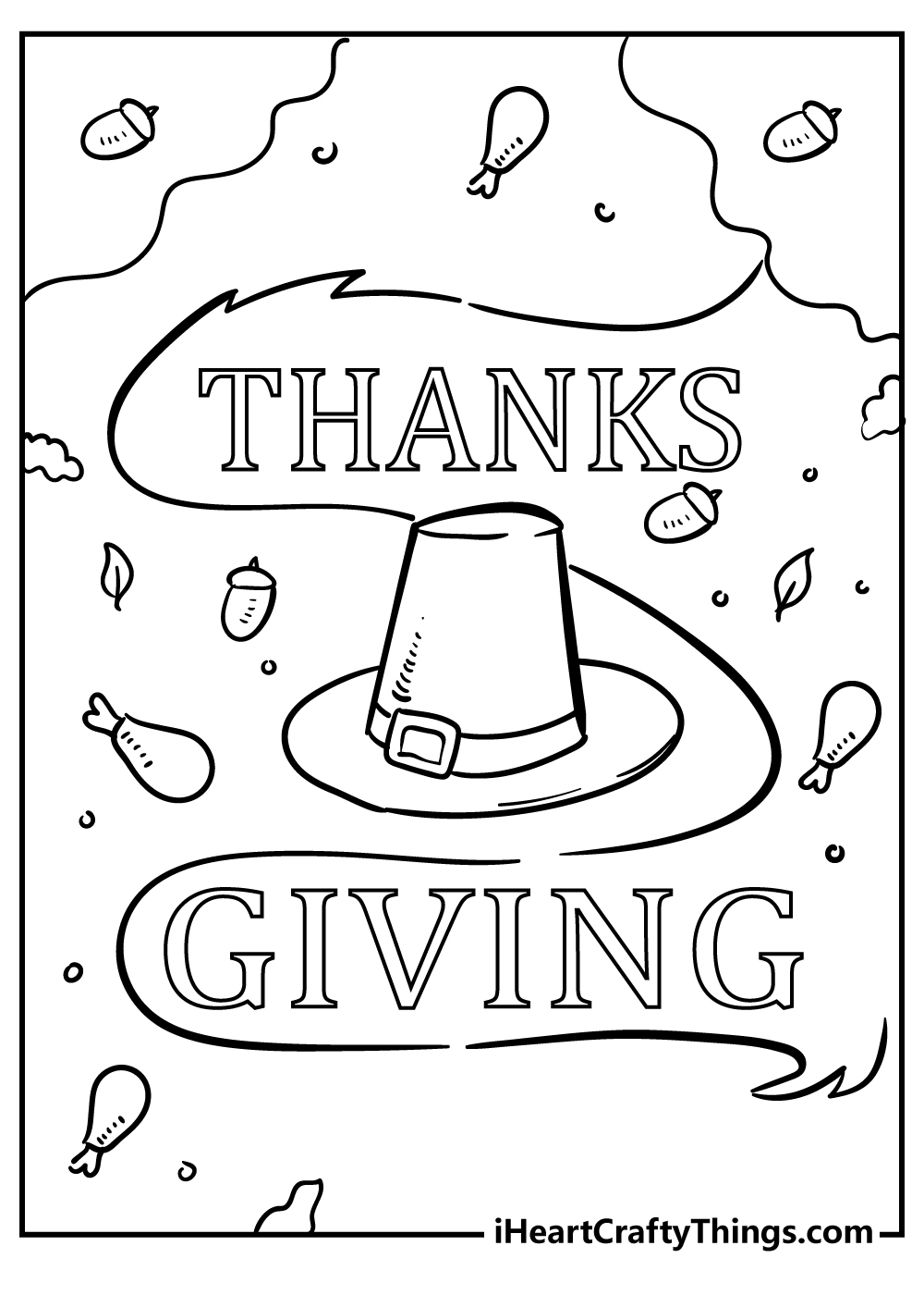 Pilgrim’s Hat between words ''Thanks'' and ''Giving'' surrounded by turkey legs, acorns and leaves free coloring pdf