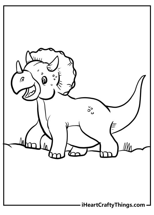 Coloring image for kids of a playful and happy looking triceratops lifting its tail high