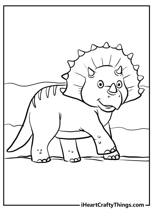 Free printable coloring sheet depicting triceratops with a gentle expression facing us
