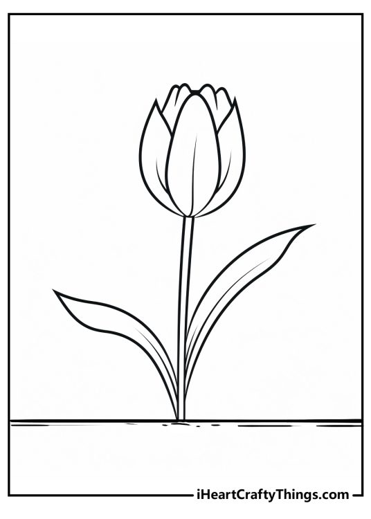 Printable coloring picture for children featuring a single realistically-looking tulip with leaves