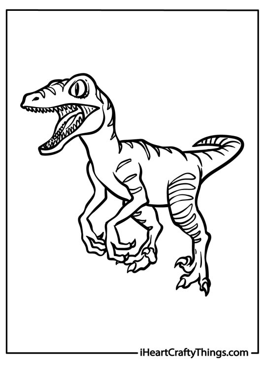 Poster featuring velociraptor with sharp claws at the ready and mouth open wide in a curious roar