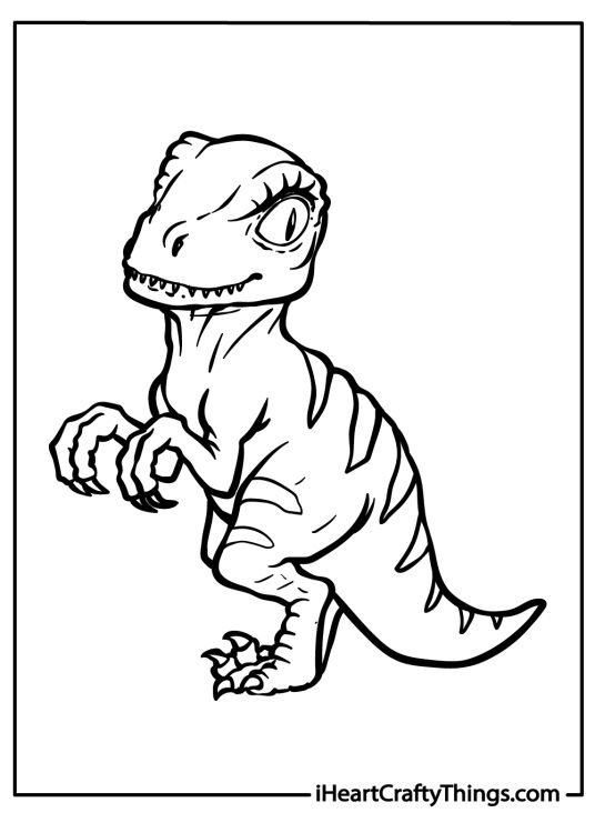 Printable image showing velociraptor standing on two legs with clear background behind him