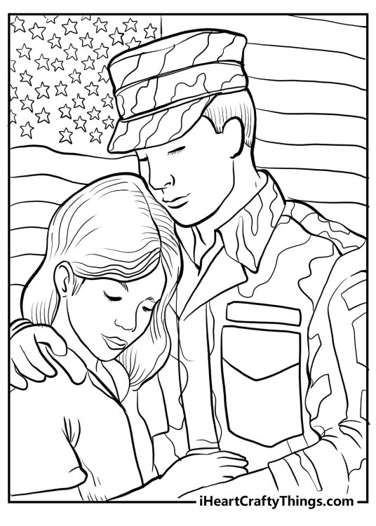 Veterans Day printable poster of a soldier in a uniform hugging his wife in front of American flag
