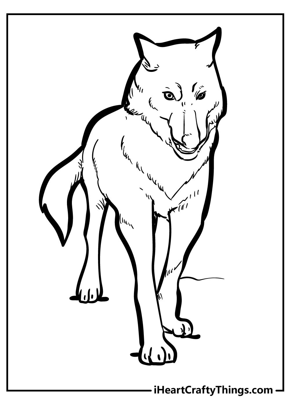 Detailed coloring sheet presenting a realistically drawn wolf proudly stepping up towards us