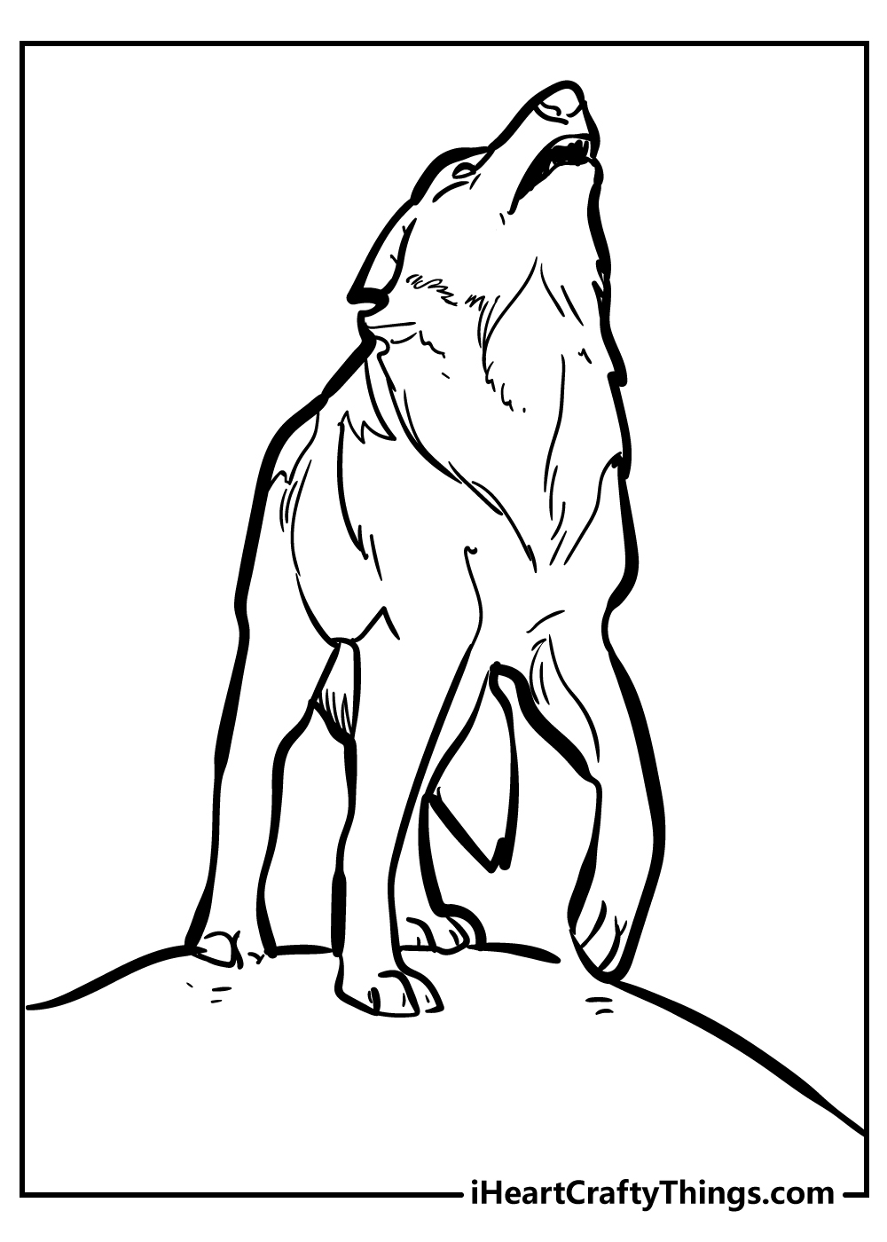 Coloring printable for adults presenting furry wolf howling while standing on a hill