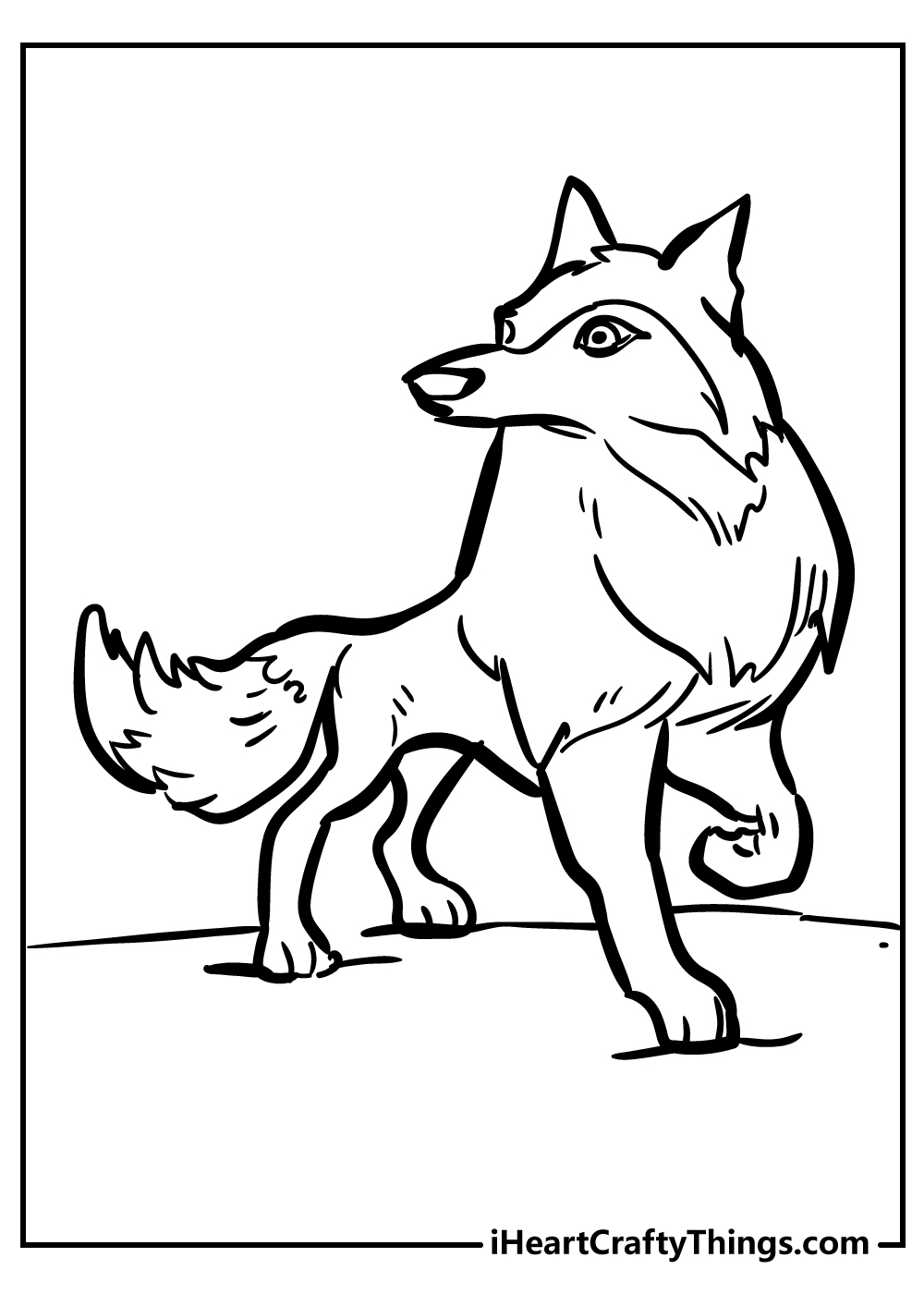 Free black-and-white drawing depicting wolf pausing on his walk to sniff the air