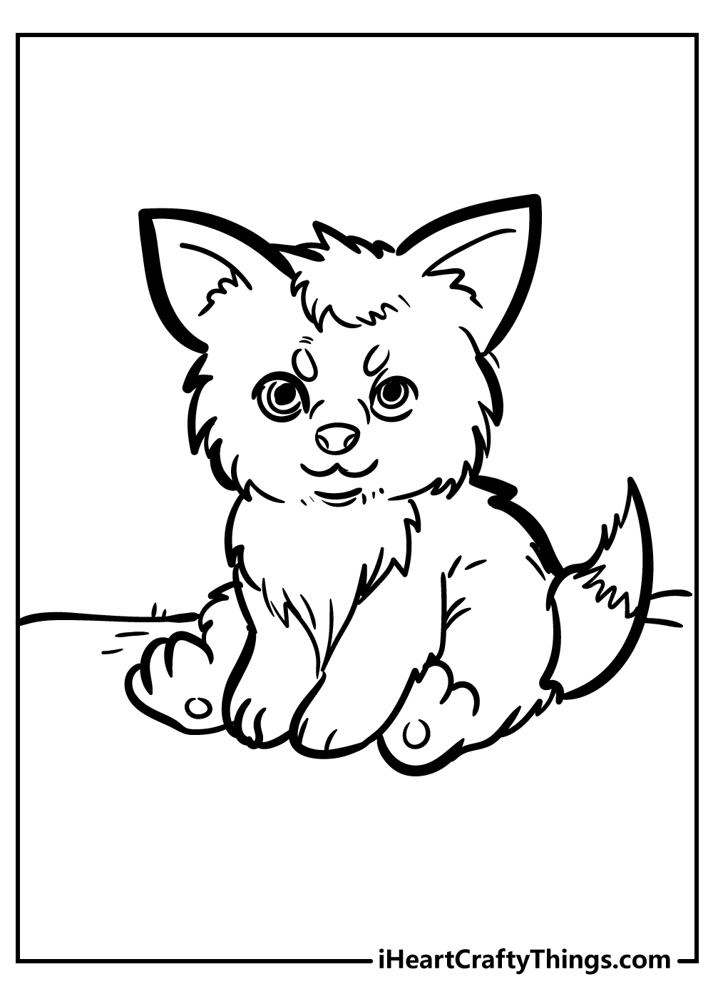 Coloring page of a fluffy little wolf pup with a cute tuft of fur on the top of his head