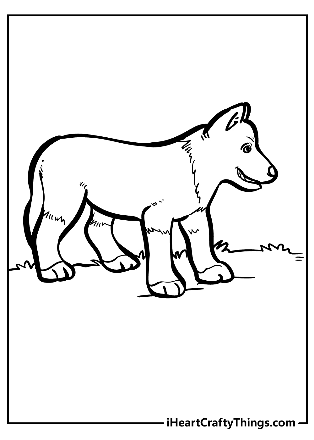 Wolf-themed picture to color featuring little pup standing all ready to attack while playing