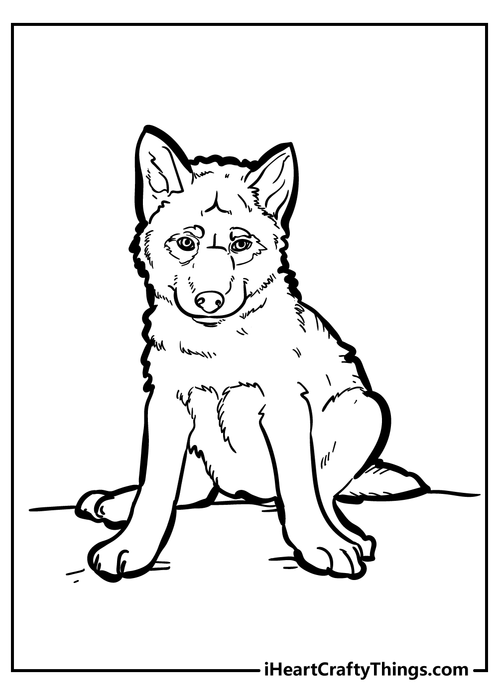 Detailed coloring picture presenting young wolf sitting all proud and looking straight ahead