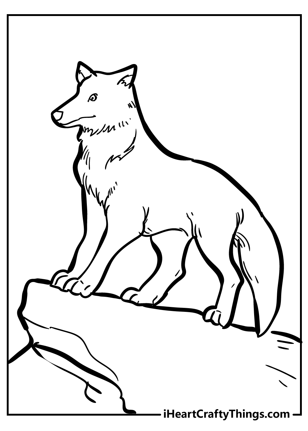 Coloring picture of a wolf presented on a top of a rock jutting out from a cliff