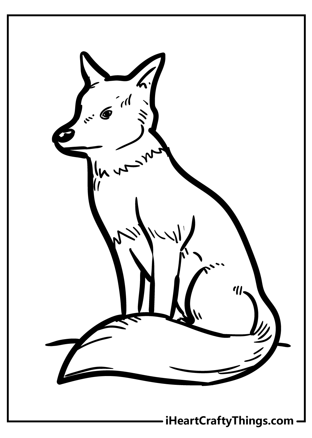 Printable black-and-white picture of a calmly sitting wolf with pointy ears and fluffy fur reminding a dog