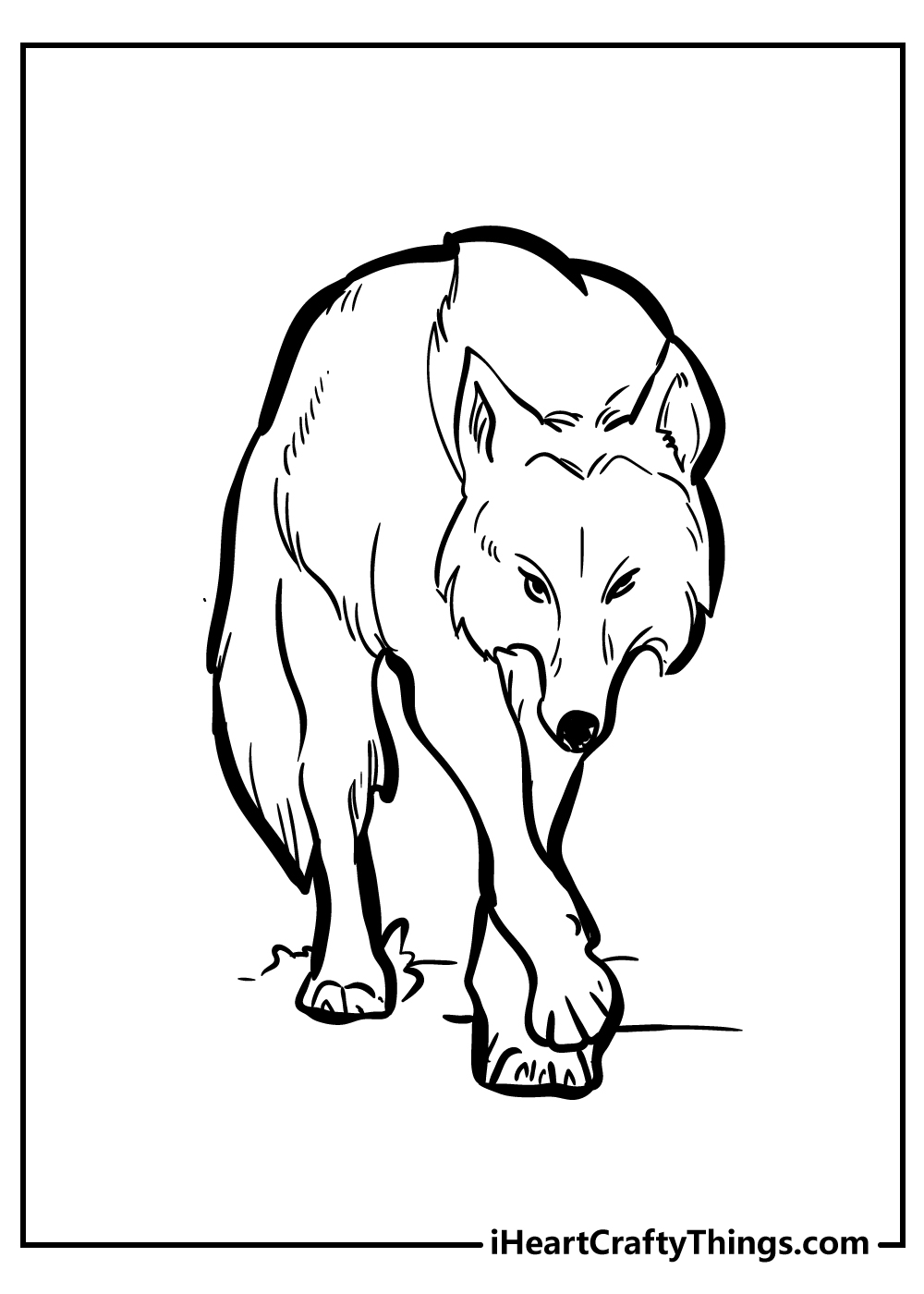 Printable coloring poster presenting wolf who seems to be hot on the trail of some animal