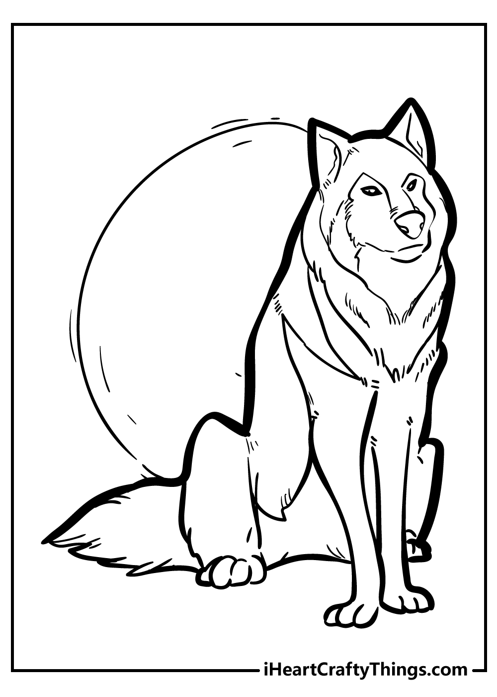 Wolf-themed coloring sheet featuring shaggy wolf sitting in front of a full moon