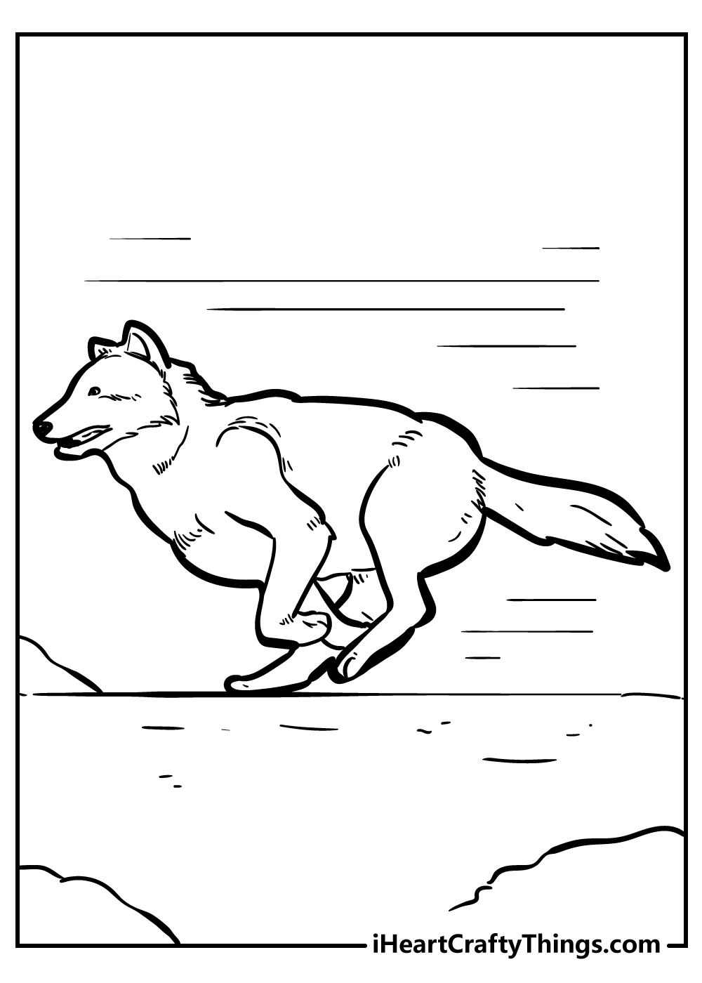 Detailed printable coloring image featuring wolf running fast while on the hunt