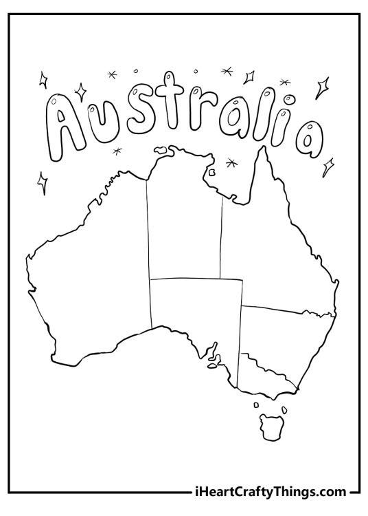 World map coloring sheet featuring detailed map of Australia and word Australia written above it