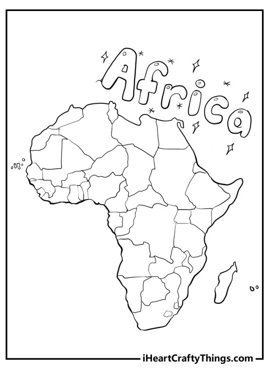 World map coloring picture featuring the continent of Africa with word Africa written in a playful font above it