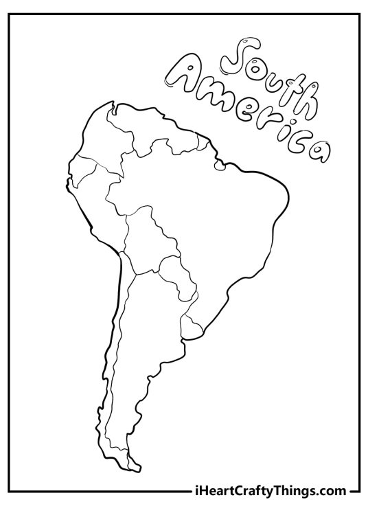 World map coloring page featuring the continent of South America with word South America written in a playful font