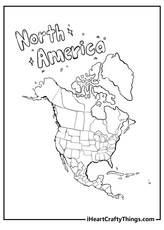 Detailed world map coloring picture for kids featuring the continent of North America