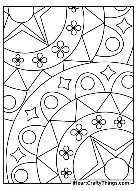 Abstract coloring page showing some circular shapes with a variety of different smaller shapes within them