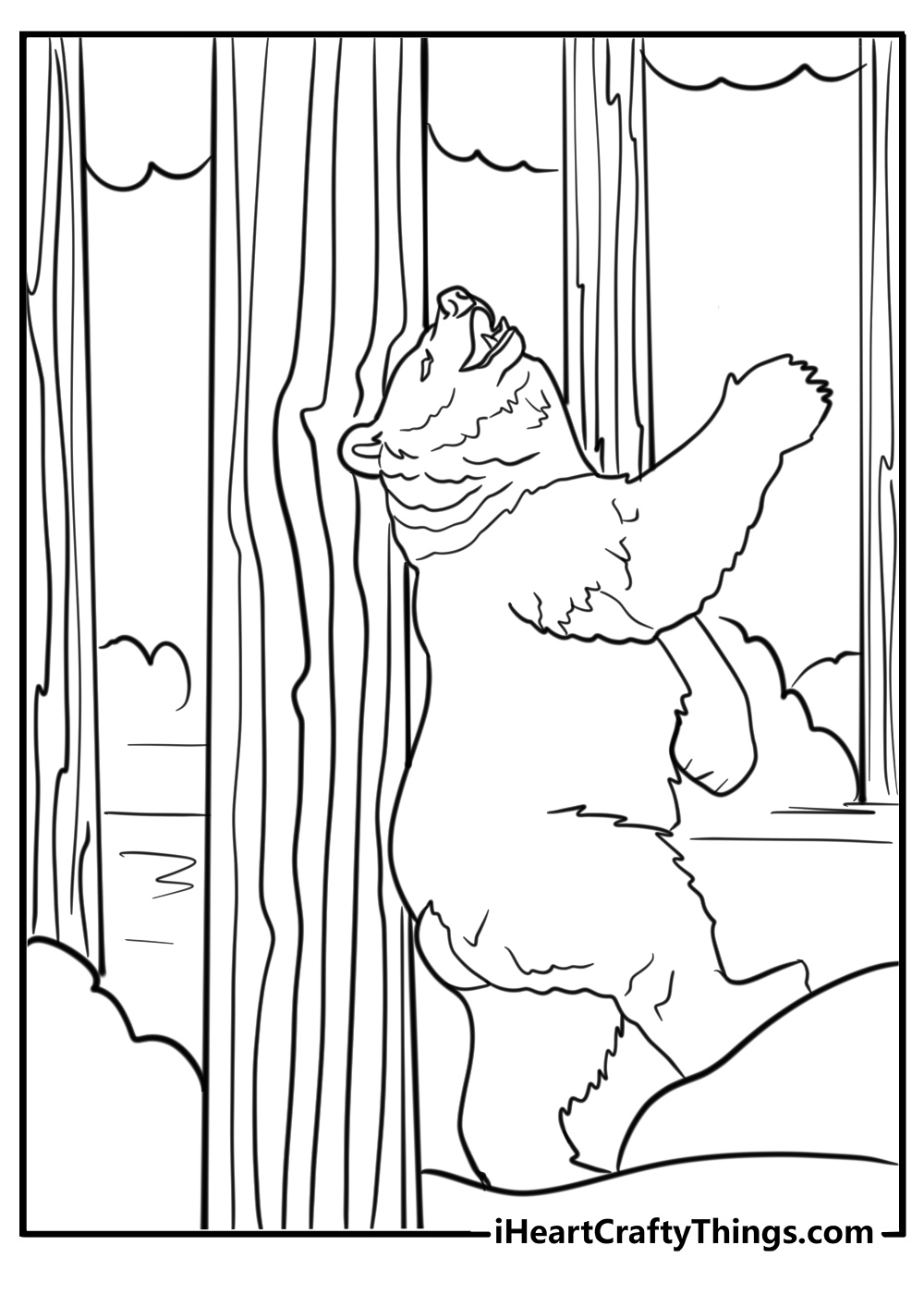 Adult bear coloring page rubbing back on tree