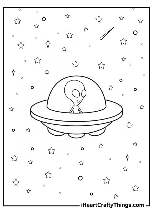 Free coloring page featuring an alien wandering around outer space in a UFO with stars in the background