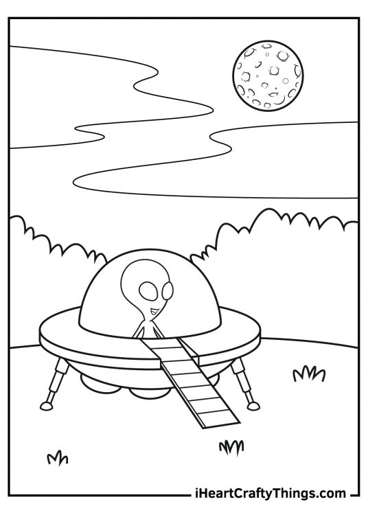 Coloring pdf of a UFO with an alien inside the spacecraft landing on Earth with full moon and greenery in the background