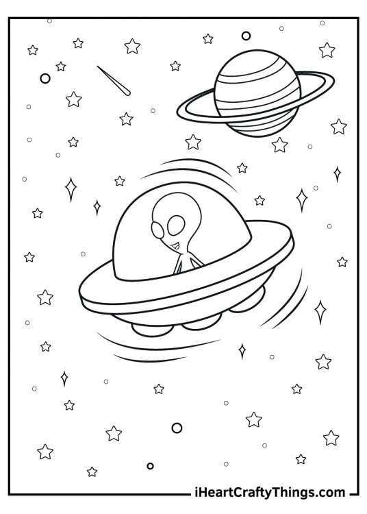 Printable pdf for kids featuring an alien riding a UFO around the space with a Saturn in the background