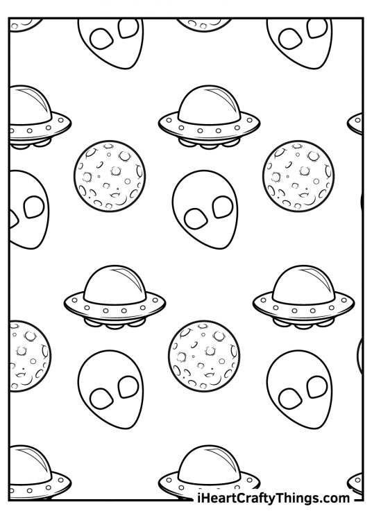 Free coloring sheet filled with intricate illustrations of an alien