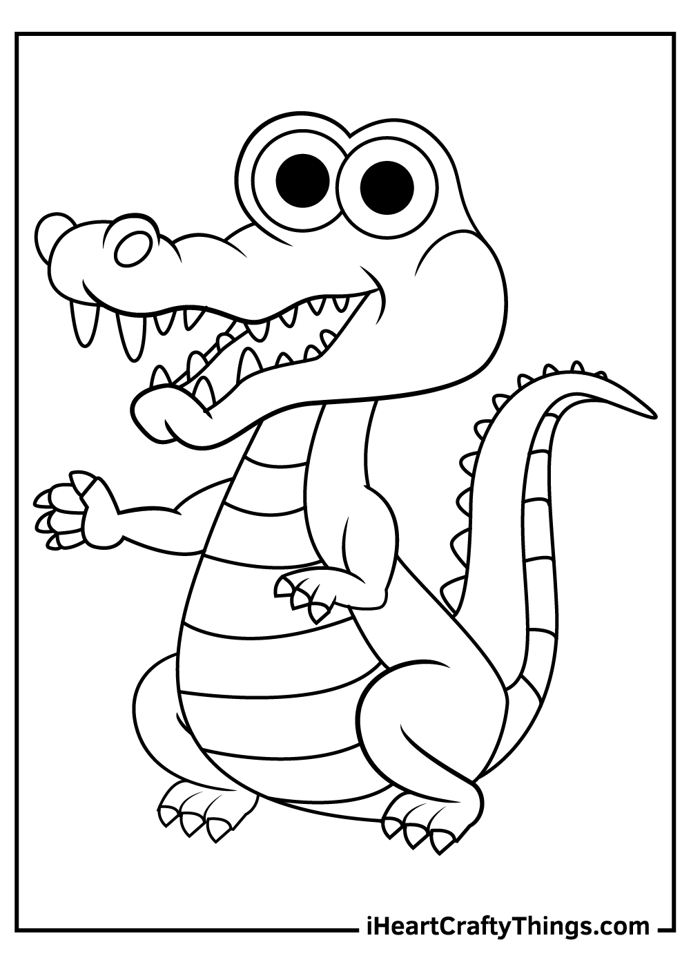 Free printable poster of a cartoon style alligator with big round eyes, an opened snout and long tail