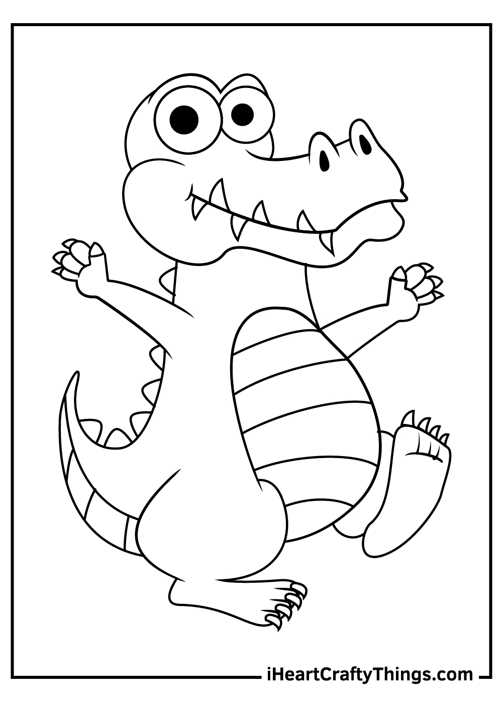 Printable pdf of a cute cartoony alligator standing on one foot with arms opened widely