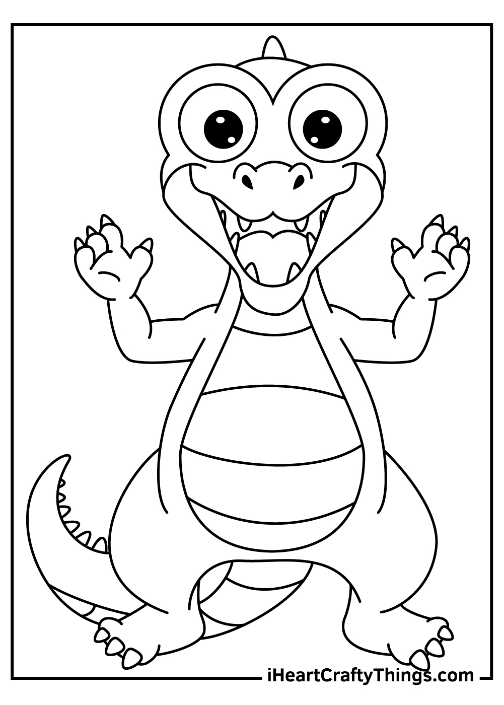 Printable poster of an alligator standing with mouth and arms opened widely looking like going for a hug