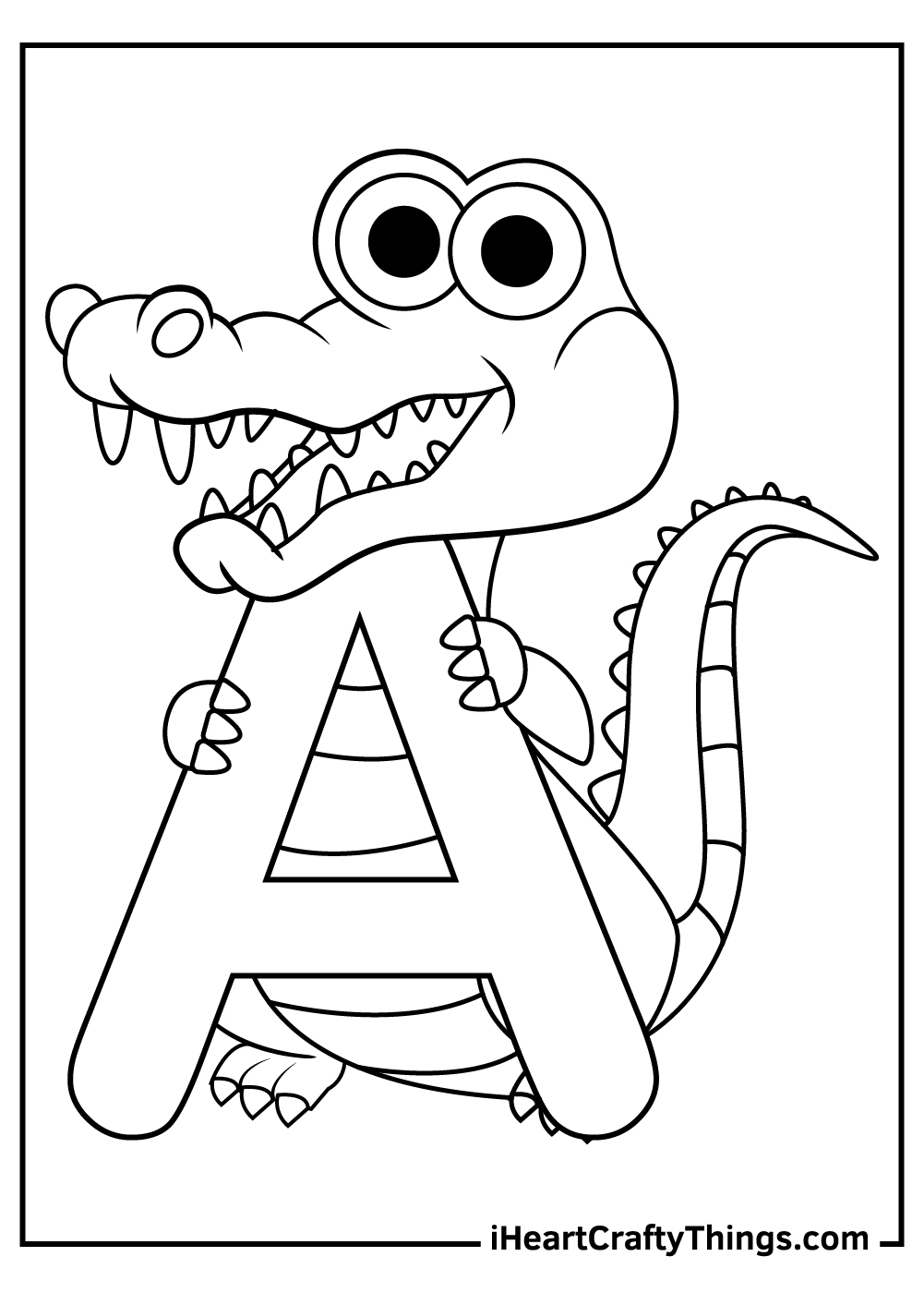 Free coloring page for children featuring cartoon-style alligator holding a giant letter A