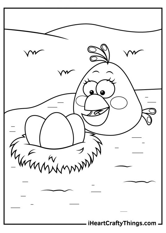 Angry Birds printable of an excited mother bird watching three eggs in a nest waiting for them to hatch