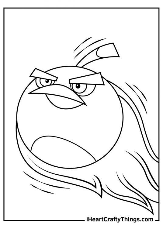 Angry Birds printable featuring round angry bird hurling in the air at full speed with blazing fire following it