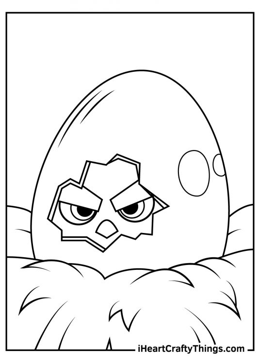 Angry Birds-themed image of an egg with shells starting to fall apart revealing a baby bird inside which is already angry