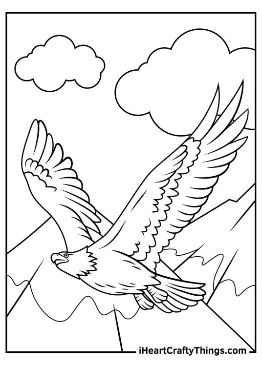 Picture of a bald eagle flying with its huge wings spread open surrounded by mountains and clouds