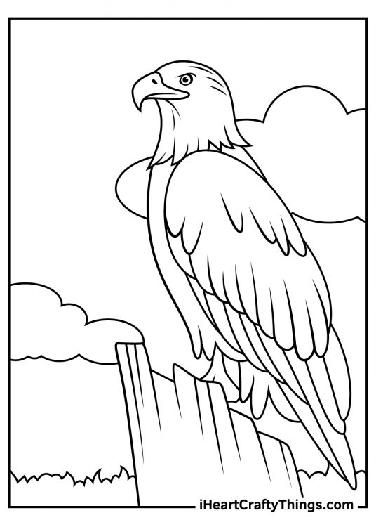 Image depicting bald eagle standing proud at the top of a wood with clouds behind him