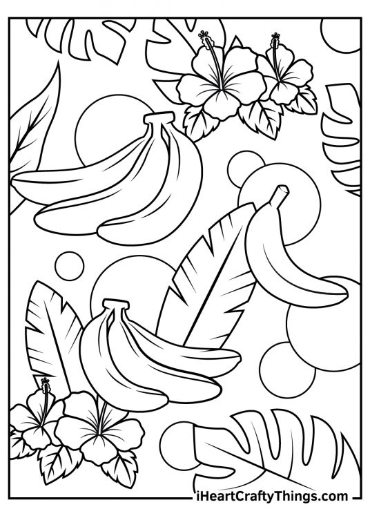 Detailed coloring picture for adults featuring bananas surrounded by many leaves and flowers