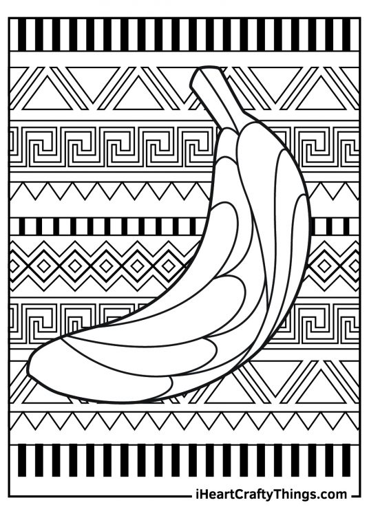 banana-themed printable for adults depicting realistic banana with intricate Aztec patterns in the background