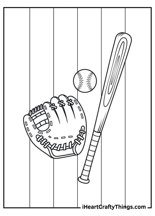 Baseball coloring page presenting a baseball bat a baseball glove and a ball with segmented background