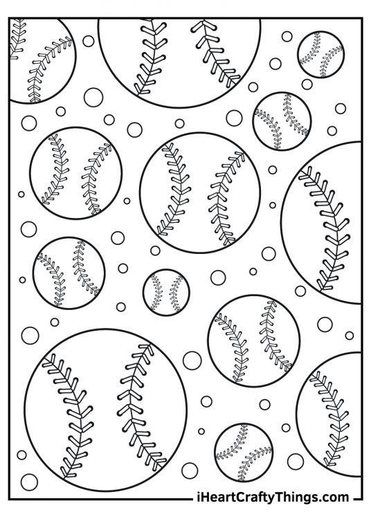 Baseball-inspired coloring sheet for children featuring many various size baseballs with bubbles all around