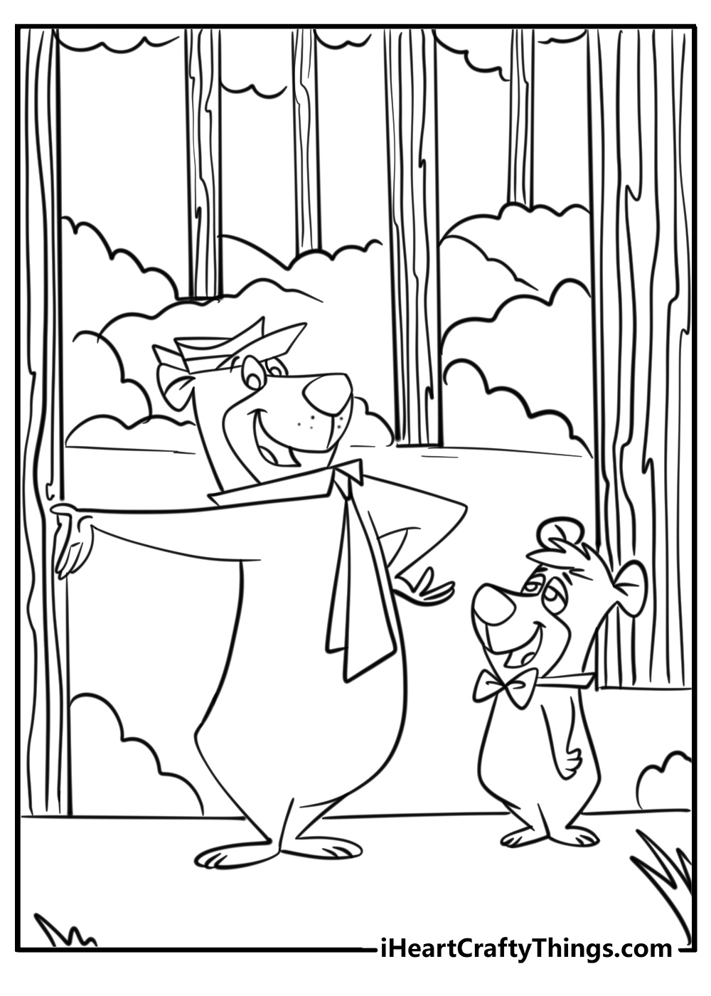 Bear coloring page of yogi with boo boo in the forest